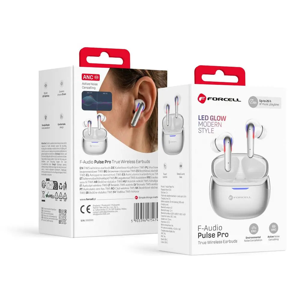 Forcell F-Audio Pulse Pro ασύρματα ακουστικά, ANC + ENC, Bluetooth 6.0, TWS, ασημί