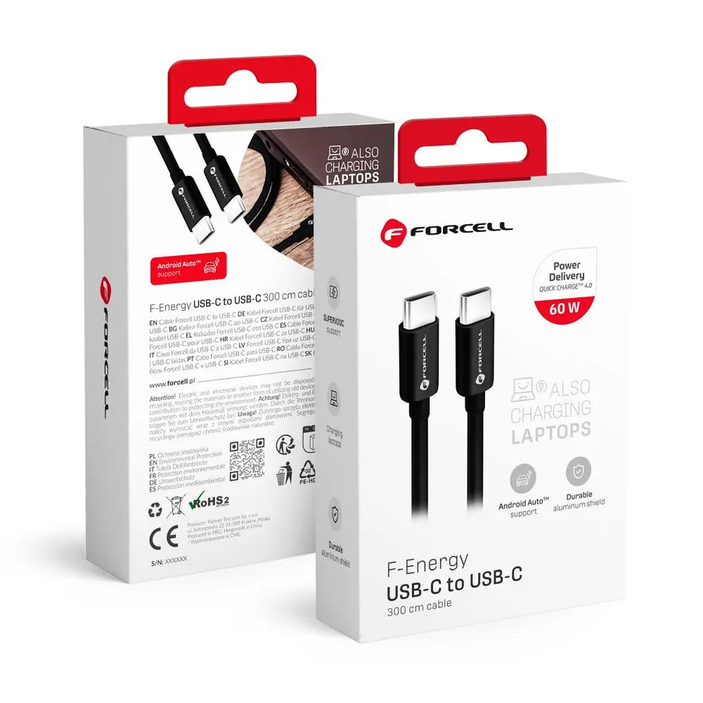 Forcell F-Energy C338 καλώδιο φόρτισης-δεδομένων, Type-C σε Type-C, PD, QC4.0, 60W, 3μ, μαύρο