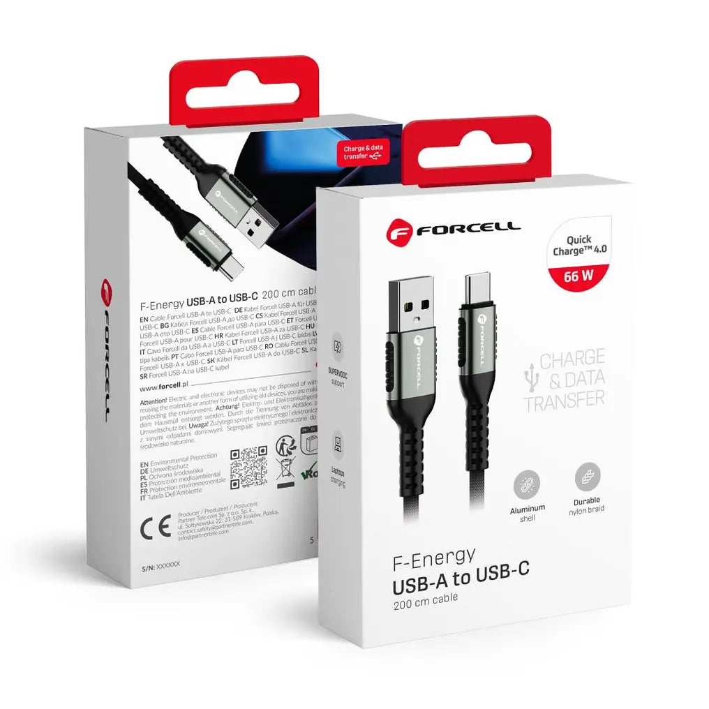 Forcell F-Energy Cafule C256 καλώδιο φόρτισης-δεδομένων USB-A σε Type-C, QC4.0, 66W, 2μ, μαύρο