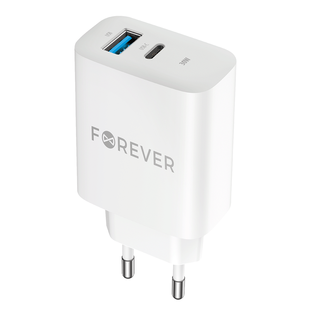 Forever TC-07-30AC φορτιστής ταξιδιού, PD, QC, 30W, 1xUSB-C, 1xUSB-A, άσπρο