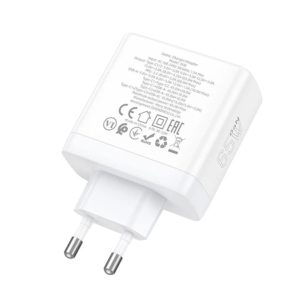 HOCO N30 φορτιστής ταξιδιού GaN, 2xType C + USB A, QC PD, 65W, λευκό