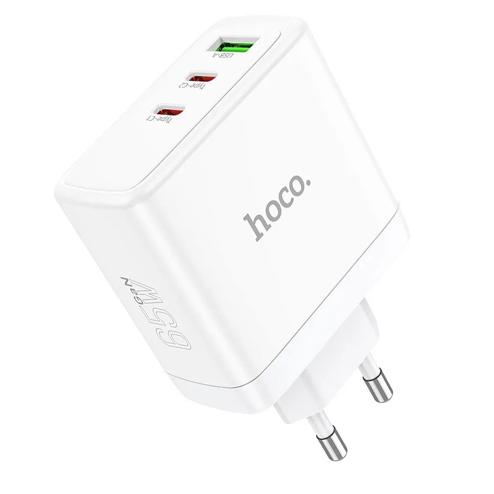 HOCO N30 φορτιστής ταξιδιού GaN, 2xType C + USB A, QC PD, 65W, λευκό