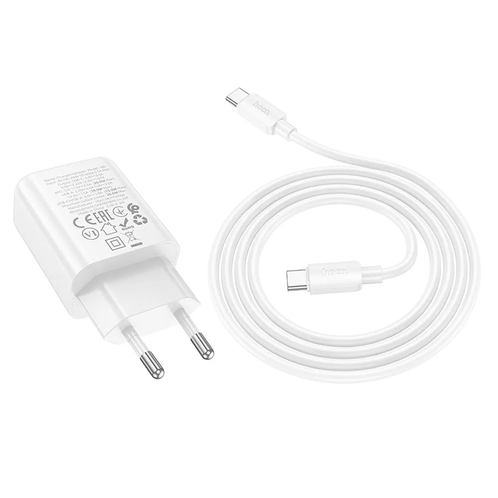 HOCO N61 φορτιστής ταξιδίου USB-A + Type-C + καλώδιο Type-C σε Type-C, PD QC3.0, 3A 20W, λευκό