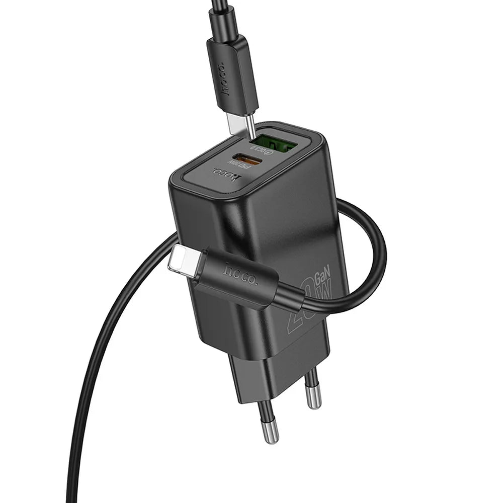 HOCO N61 φορτιστής τοίχου, USB-A + Type-C & καλώδιο Type-C σε Lightning, PD 20W, QC3.0, 3A, μαύρο