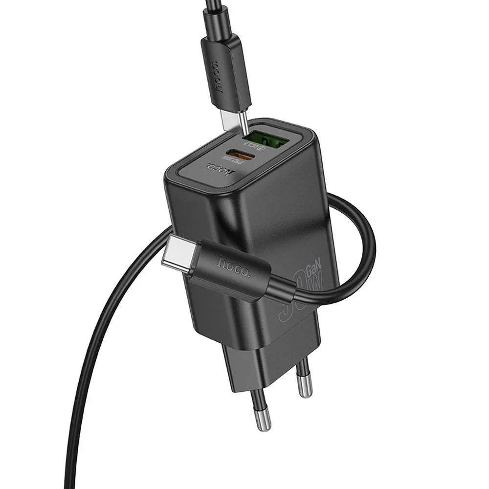 HOCO N63 φορτιστής ταξιδίου USB A + Type C + καλώδιο Type C σε Type C PD QC3.0, 3A, 30W, μαύρο