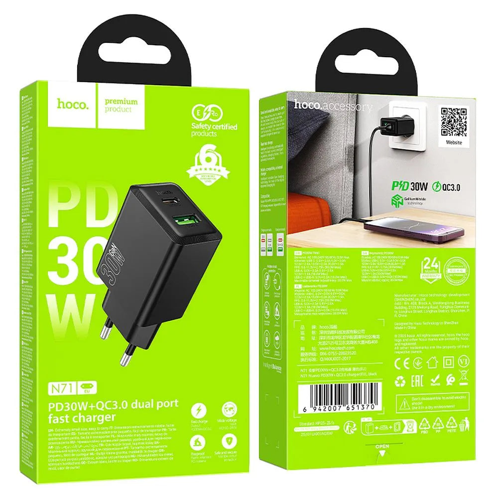 HOCO N71 φορτιστής τοίχου USB-A + Type-C, PD 30W, QC3.0, AFC, 3A, μαύρο