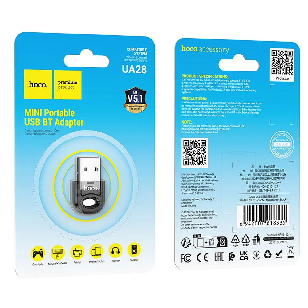 HOCO UA28 bluetooth αντάπτορας, USB-A, bluetooth 5.3, transparent μαύρο