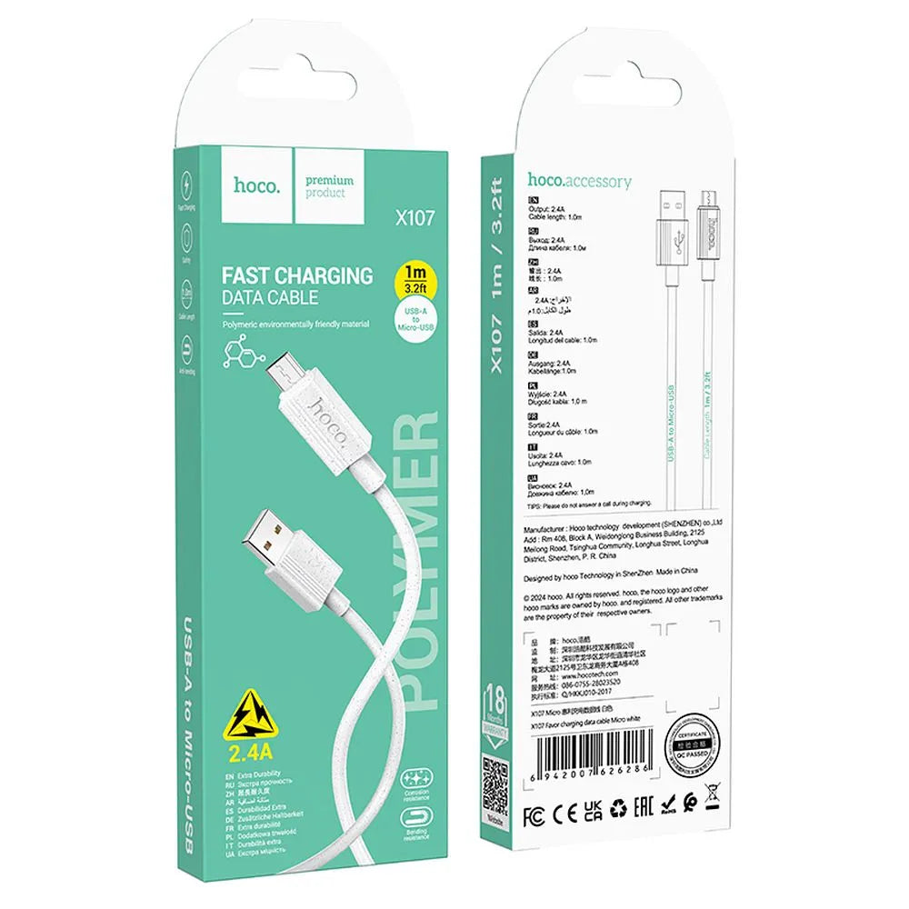 HOCO X107 καλώδιο USB A σε Micro USB, 2,4A, 1μ, λευκό