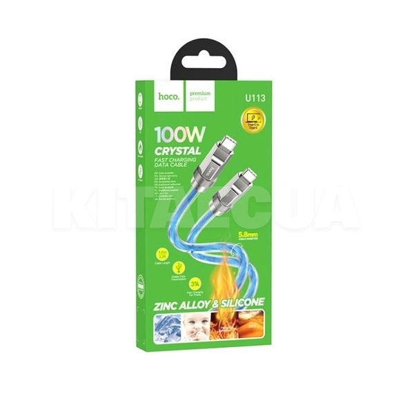 Hoco U113 καλώδιο δεδομένων Crystal Type-C σε Type-C PD100W, διάφανη προστασία σιλικόνης, κράμα ψευδαργύρου, 1m, μπλε