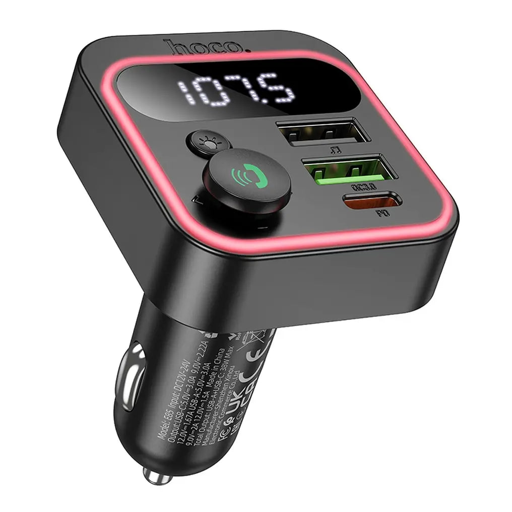 Hoco E85 FM transmitter, φορτιστής 20W, QC3.0, 2x USB A + 1x Type C, bluetooth, μαύρο