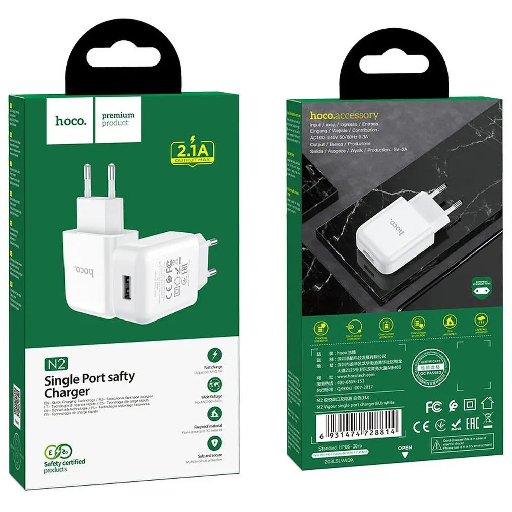Hoco N2 φορτιστής τοίχου USB-A, 2.1A, 10W, λευκό