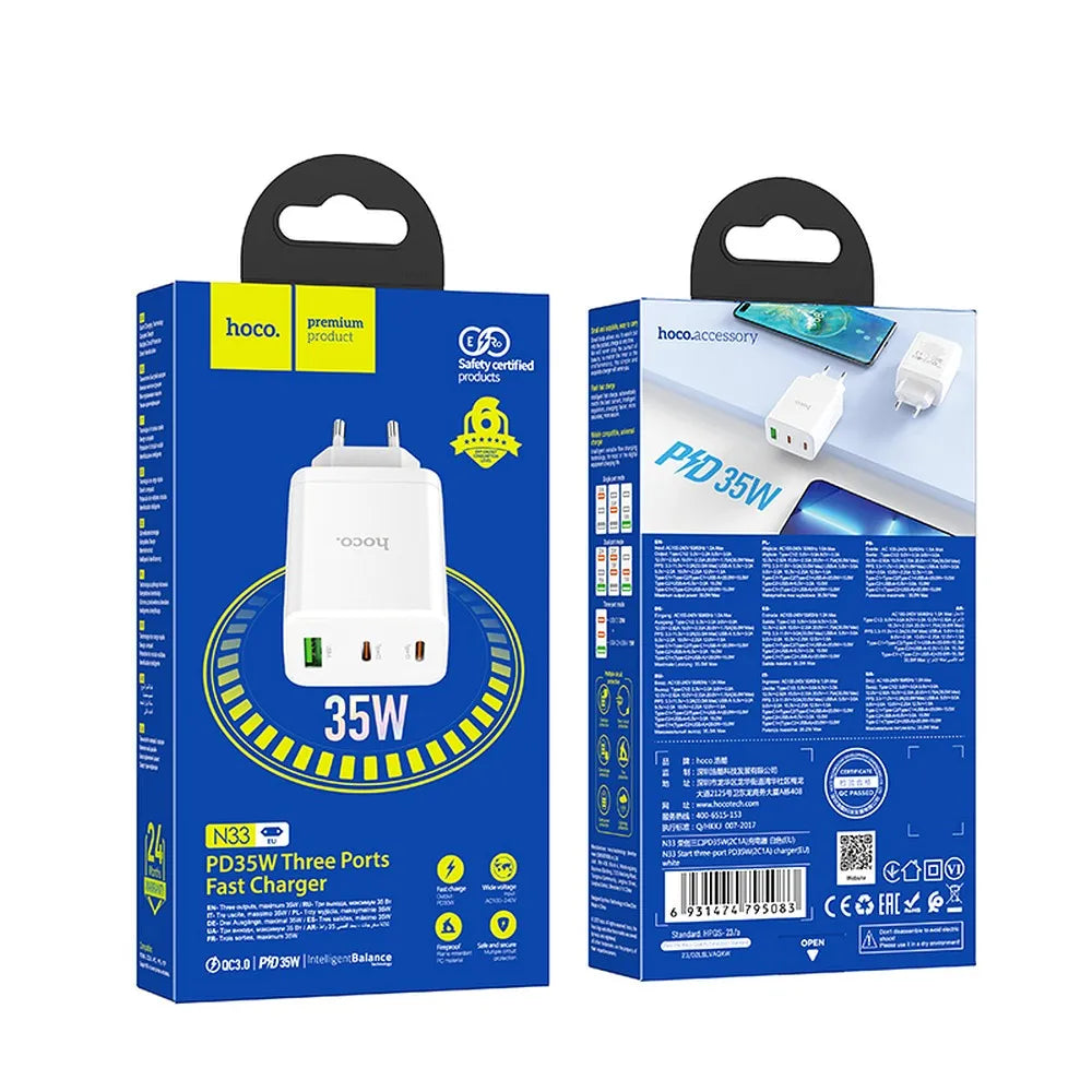 Hoco N33 φορτιστής τοίχου, 2xUSB-C & USB-A, PD, 35W, QC 3.0, λευκό