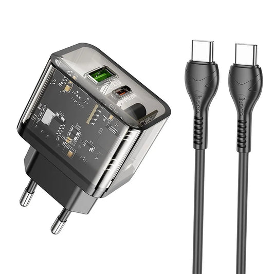 Hoco N34 φορτιστής ταξιδιού, υποδοχές USB-A και USB-C, 20W, διάφανο + καλώδιο USB-C σε USB-C