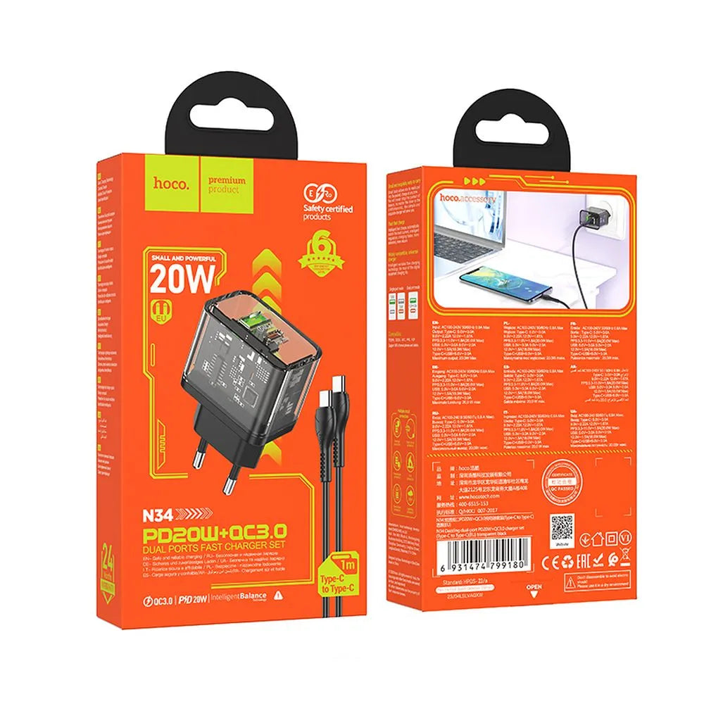 Hoco N34 φορτιστής ταξιδιού, υποδοχές USB-A και USB-C, 20W, διάφανο + καλώδιο USB-C σε USB-C