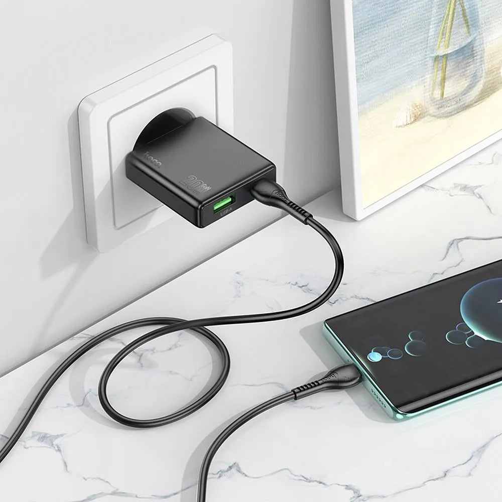 Hoco N38 φορτιστής ταξιδιού, 20W, slim, 1xUSB-A, 1xUSB-C, PD, QC3.0, 3A, μαύρο