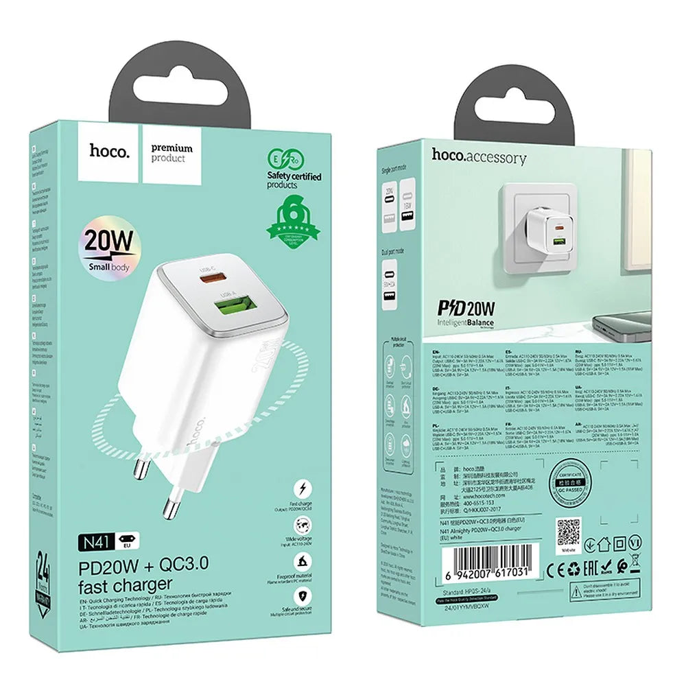 Hoco N41 φορτιστής τοίχου, USB-C & USB-A, PD, 20W, QC 3.0, λευκό