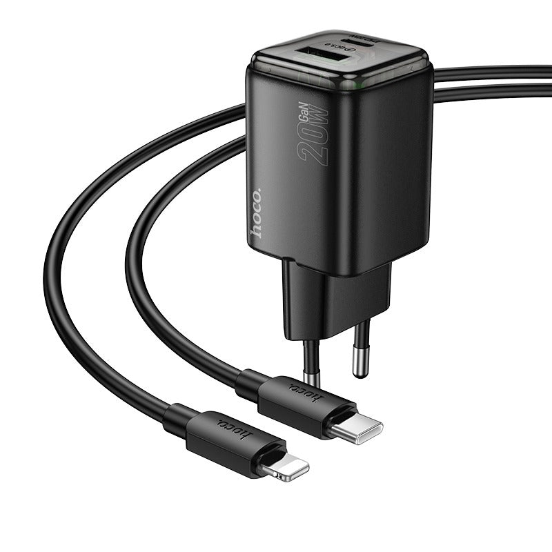 Hoco N52 φορτιστής ταξιδιού, υποδοχες USB-A και USB-C, 20W, μαύρο + καλώδιο USB-C σε Lightning