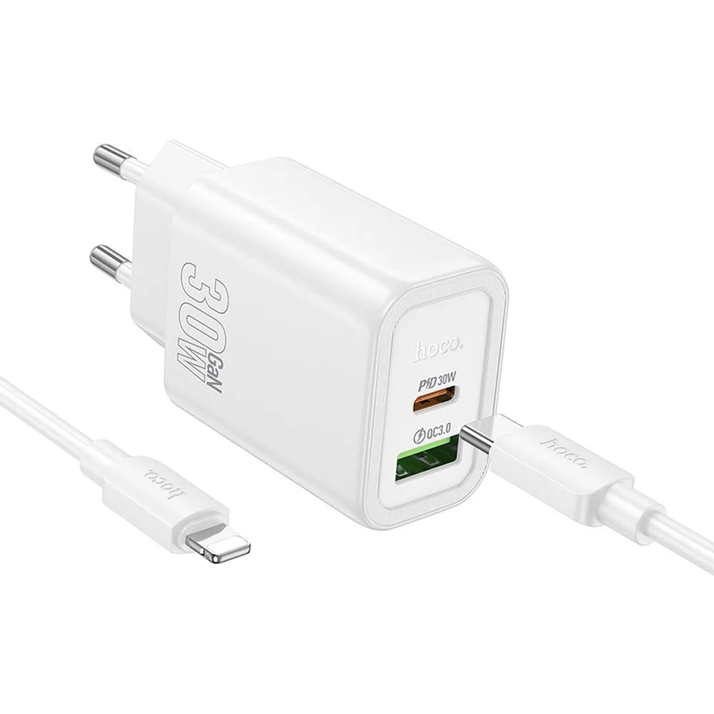 Hoco N63 φορτιστής τοίχου, PD, 30W, USB-A & Type-C, με καλώδιο Type-C σε Lightning, λευκό