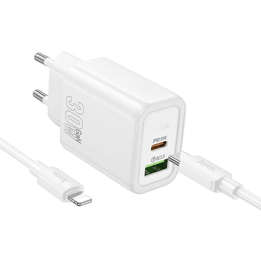 Hoco N63 φορτιστής τοίχου, PD, 30W, USB-A & Type-C, με καλώδιο Type-C σε Lightning, λευκό