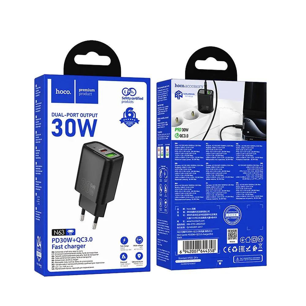 Hoco N63 φορτιστής τοίχου, USB-A + USB-C, PD, 30W, 3A, μαύρο