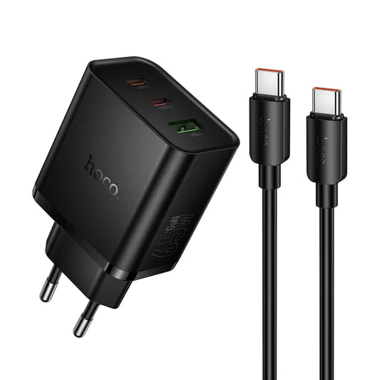 Hoco N75 φορτιστής τοίχου 2x Type-C + USB-A, PD, 65W, QC3.0, καλώδιο Type-C σε Type-C, μαύρο