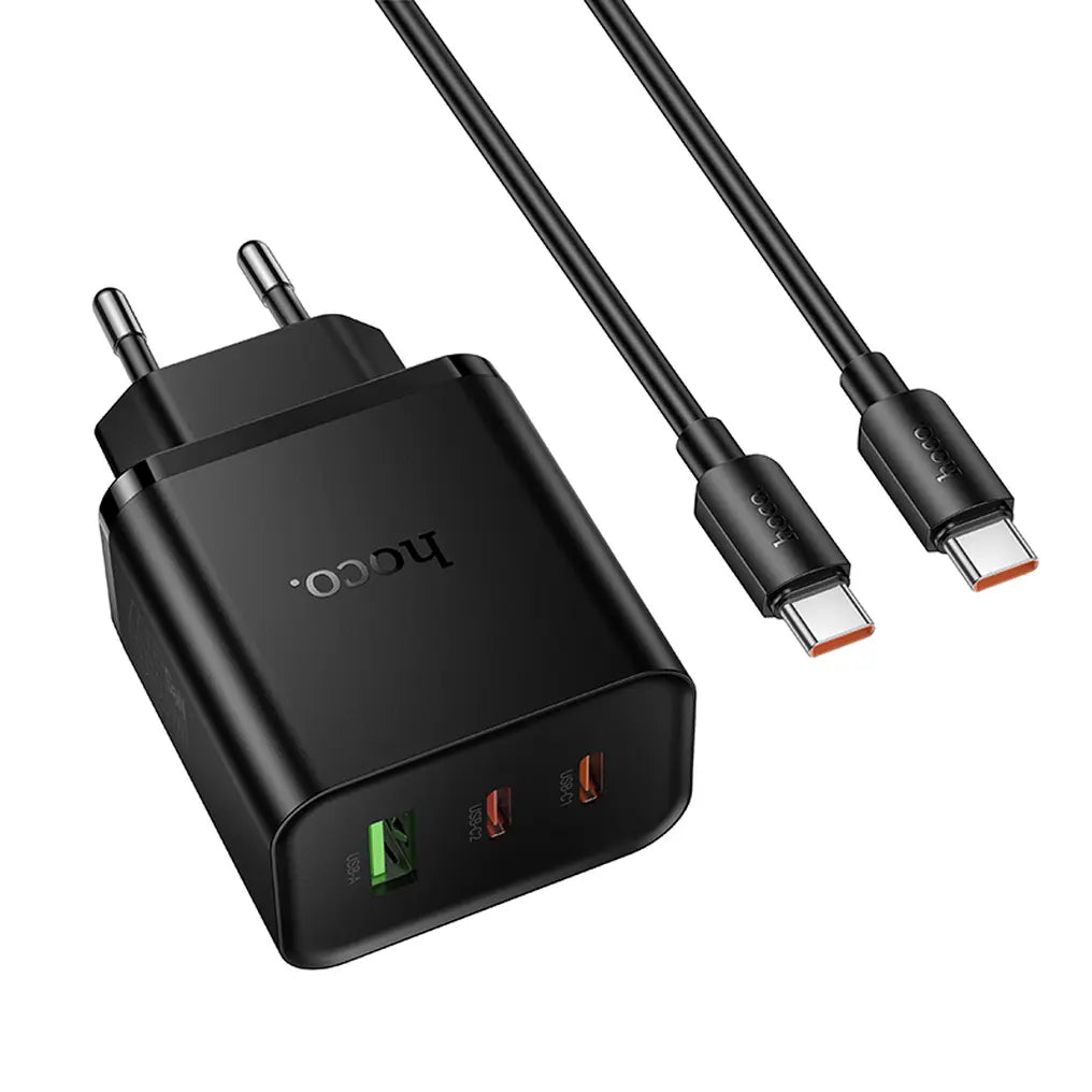 Hoco N75 φορτιστής τοίχου 2x Type-C + USB-A, PD, 65W, QC3.0, καλώδιο Type-C σε Type-C, μαύρο
