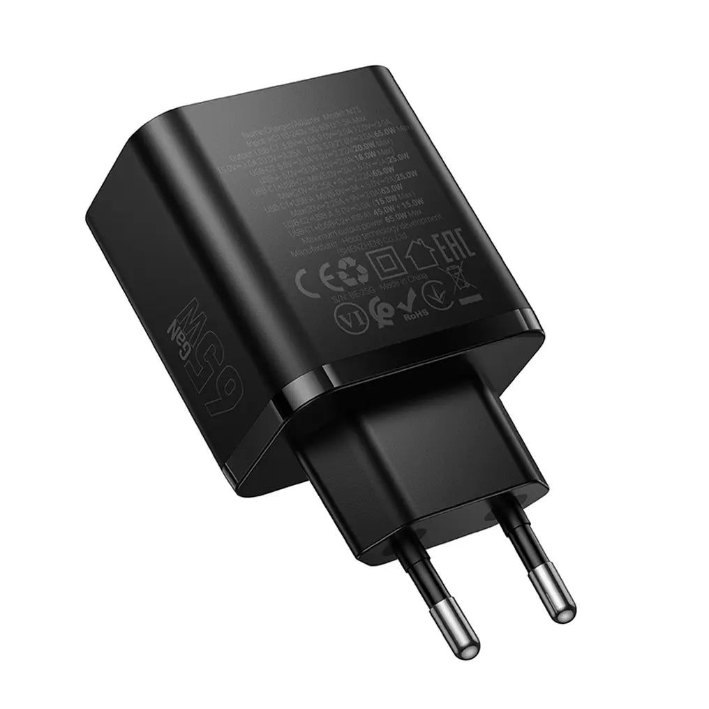 Hoco N75 φορτιστής τοίχου, 2x Type-C + USB-A, PD, 65W, QC3.0, μαύρο