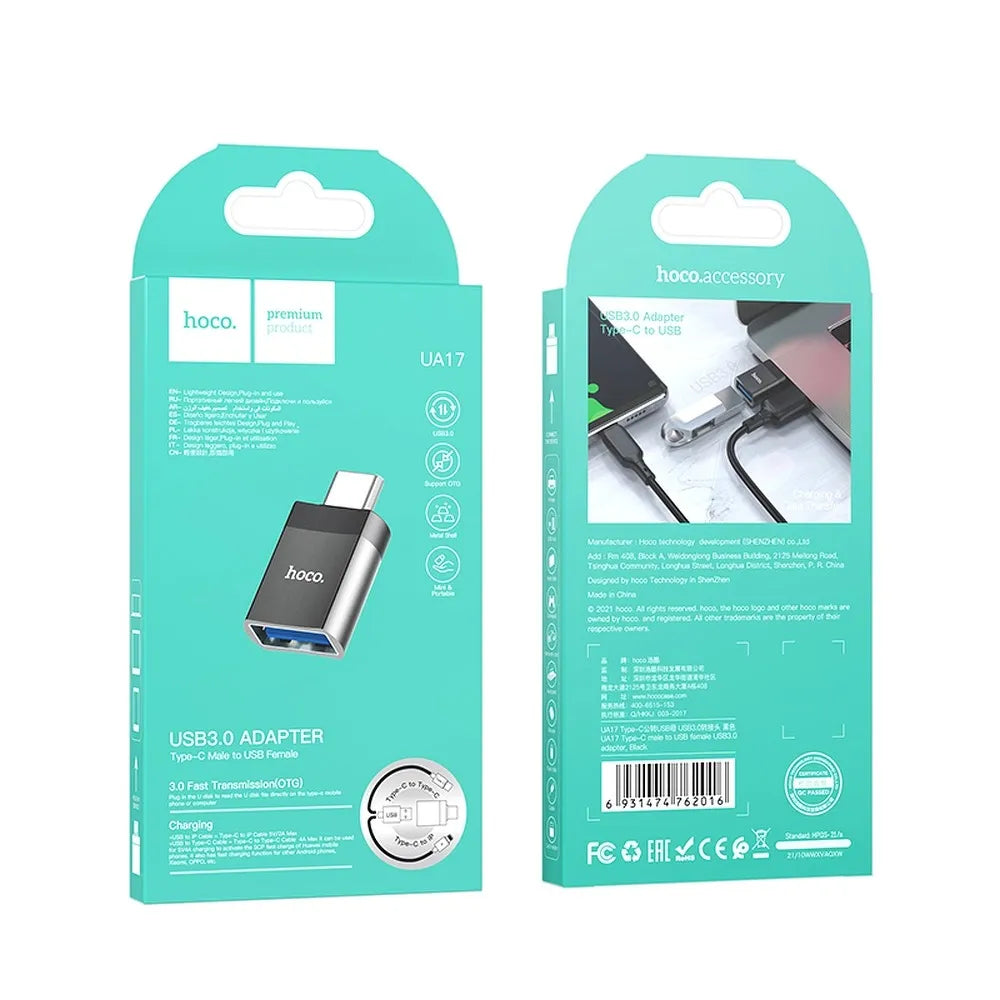 Hoco UA17 αντάπτορας OTG, USB-C (αρσενικό) σε USB-A (θηλυκό), μαύρο