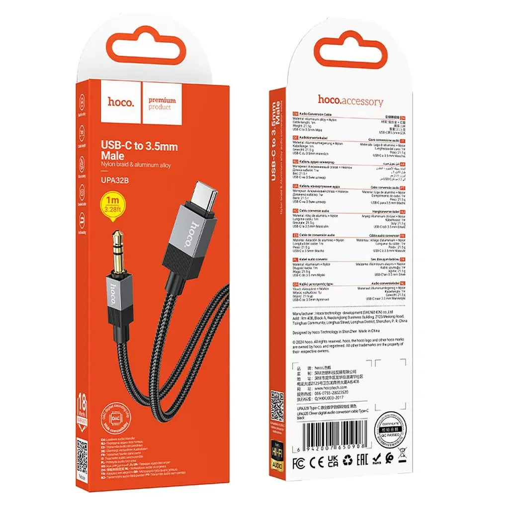 Hoco UPA32B καλώδιο ήχου AUX Jack 3.5mm (αρσενικό) σε Type-C (αρσενικό), 1μ, μαύρο