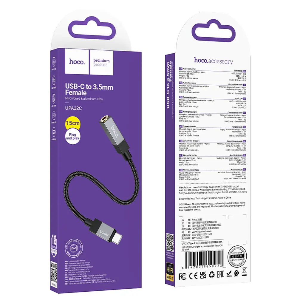 Hoco UPA32C αντάπτορας ήχου AUX Type-C (αρσενικό) σε Jack 3.5mm (θηλυκό), μαύρο