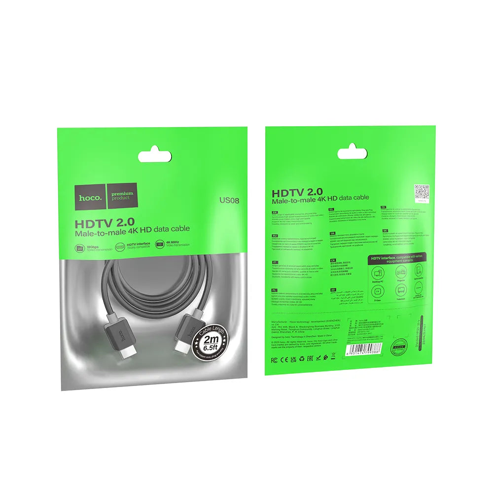 Hoco US08 καλώδιο HDMI σε HDMI, 2.0, 4k/60Hz, 2μ. μαύρο