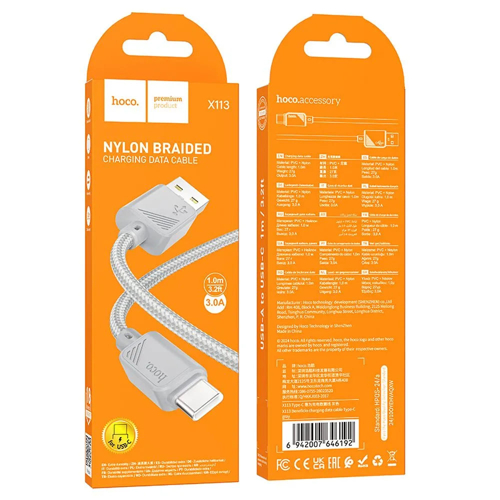 Hoco X113 καλώδιο φόρτισης - δεδομένων USB‑A σε USB‑C, 3A, 1μ, γκρι