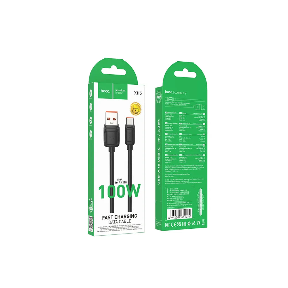 Hoco X115 καλώδιο φόρτισης - δεδομένων USB-A σε USB-C, PD, 5A, 100W, 1μ, μαύρο