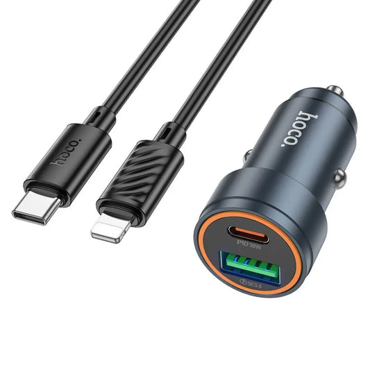 Hoco Z57A φορτιστής αυτοκινήτου, PD, 30W, USB-A & Type-C, με καλώδιο Type-C σε Lightning, μαύρο
