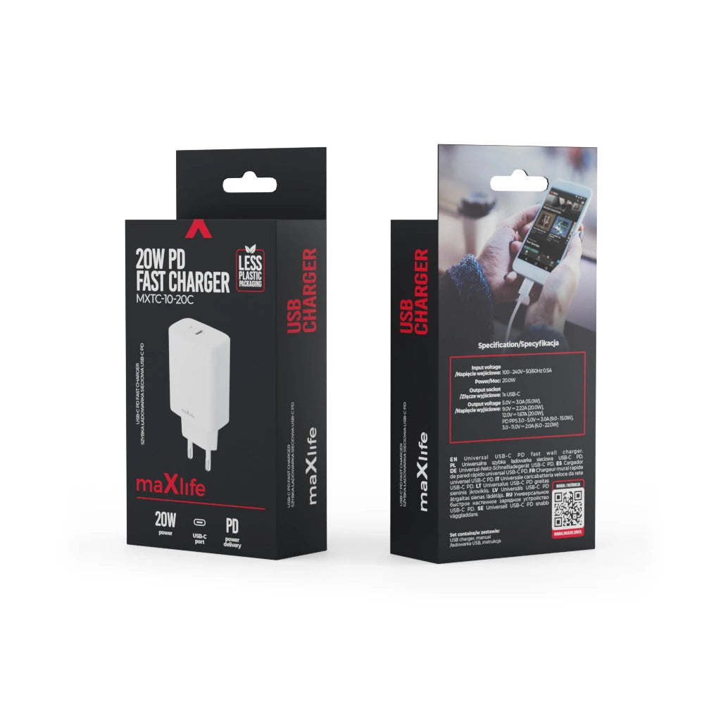Maxlife MXTC-10-20C φορτιστής τοίχου, PD, QC, 1xUSB-C, 20W, άσπρο