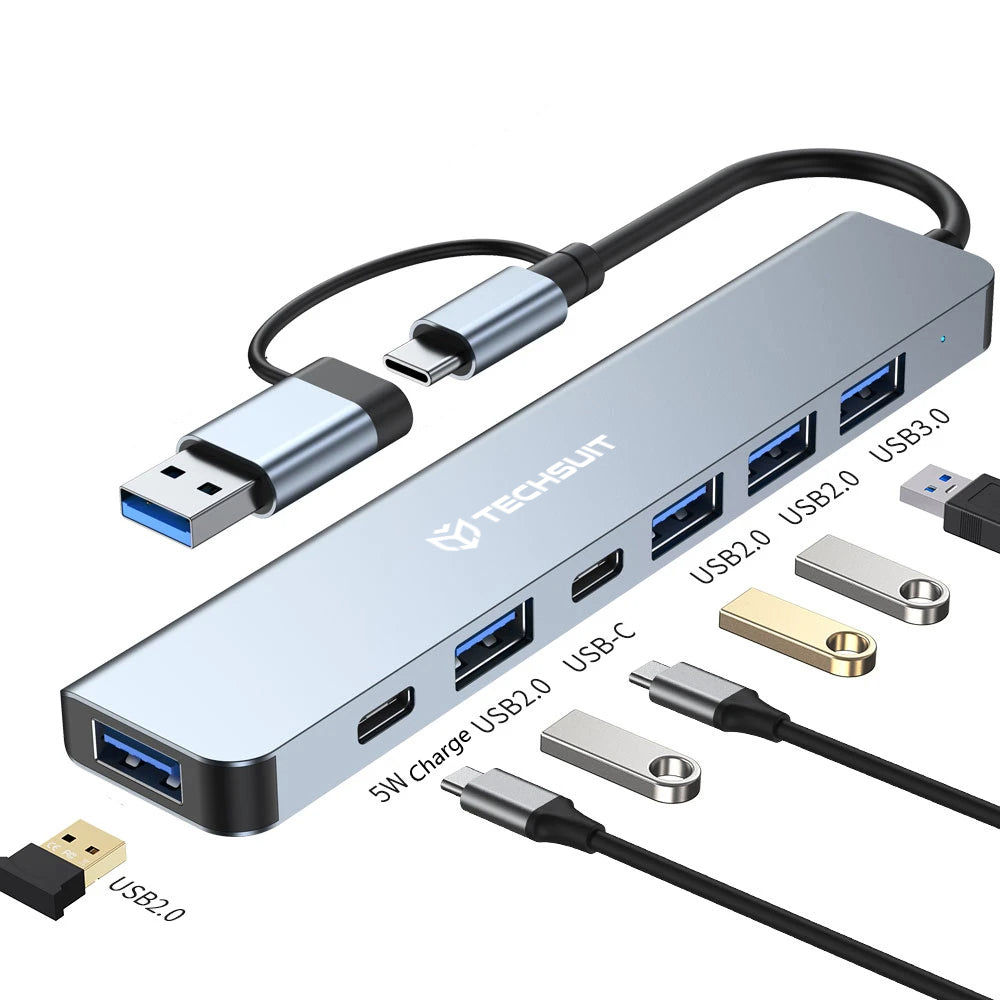 Techsuit DataBridge 7 in 1 (H6) Docking Station USB / Type-C σε USB 3.0 με 4x USB 2.0, 2x Type-C, γκρι