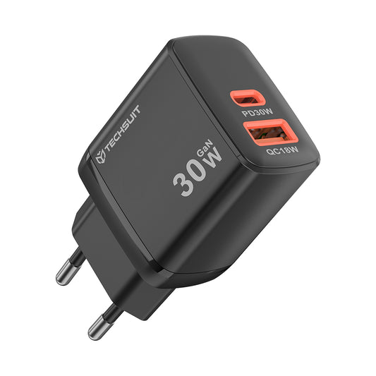 Techsuit Duonix30W (CH1) φορτιστής τοίχου, GaN, Dual Port με Type-C και USB-A, 30W,μαύρο