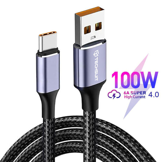 Techsuit PCB018 καλώδιο φόρτισης - δεδομένων USB‑A σε Type‑C, Fast Charging, 100W, 480Mbps, 6A, Nylon, 1μ, μαύρο