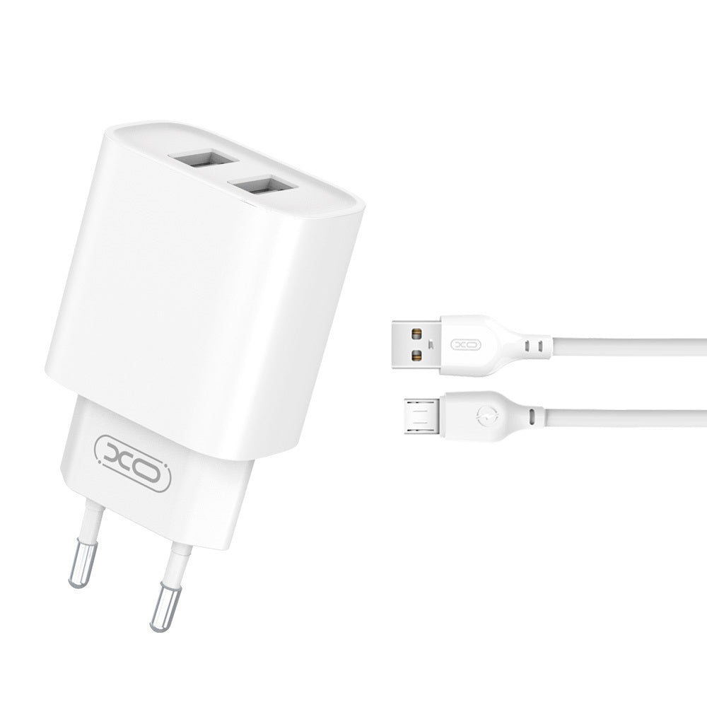 XO CE02C Φορτιστής τοίχου 2x USB 2,1A λευκό + καλώδιο microUSB