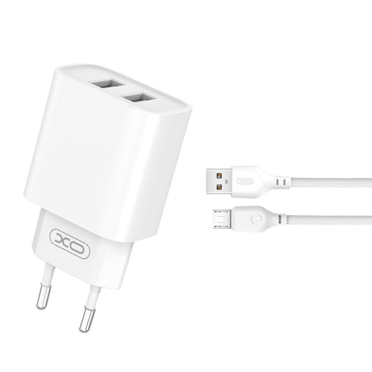 XO CE02C Φορτιστής τοίχου 2x USB 2,1A λευκό + καλώδιο microUSB