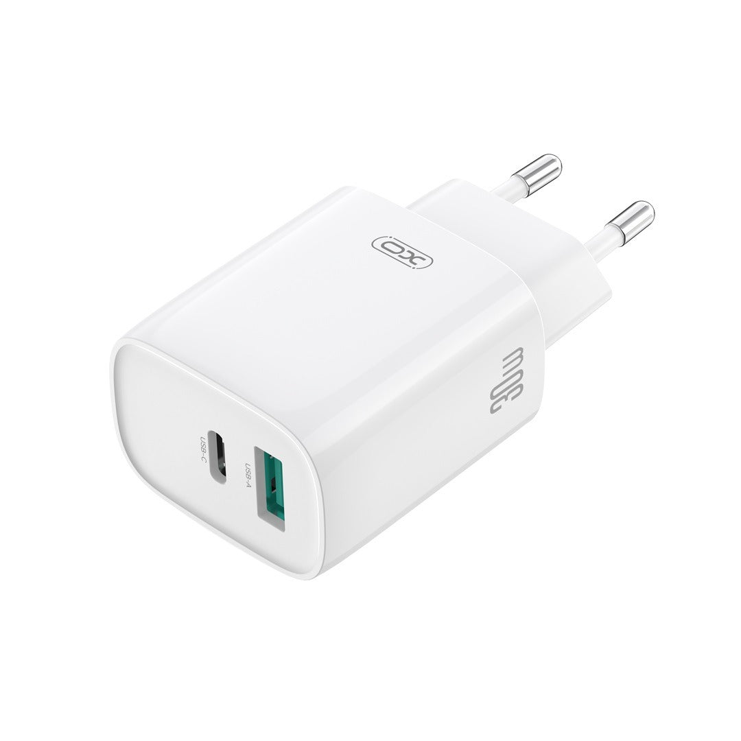 XO CE30 φορτιστής ταξιδίου, 1x USB-C + 1x USB, PD 30W, λευκό