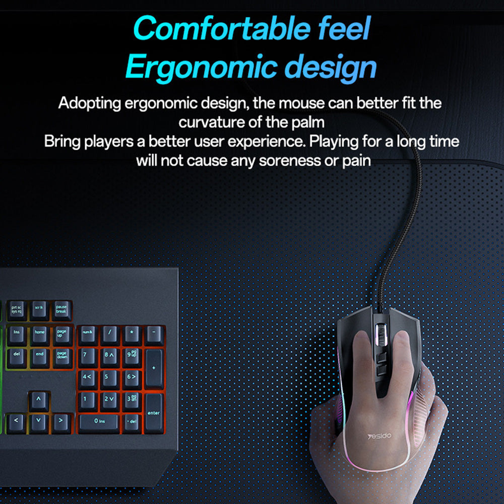 Yesido KB20 ενσύρματο gaming ποντίκι, RGB, DPI:1000-7200, USB, 1.1μ, μαύρο